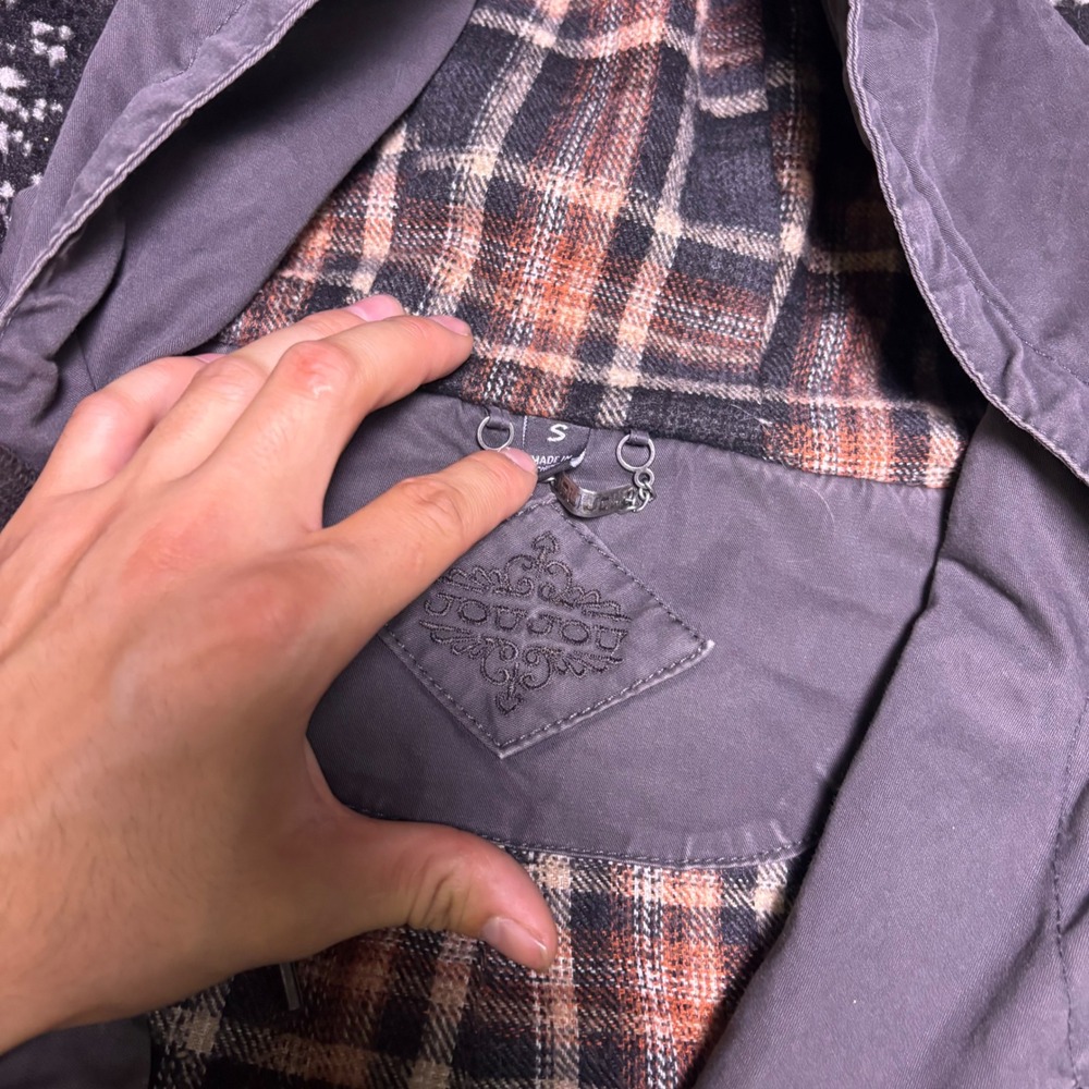 Joujou Womens Grey Utility Jacket Plaid Lined Hooded Y2K Grunge Cargo Coat Small - Picture 3 of 6